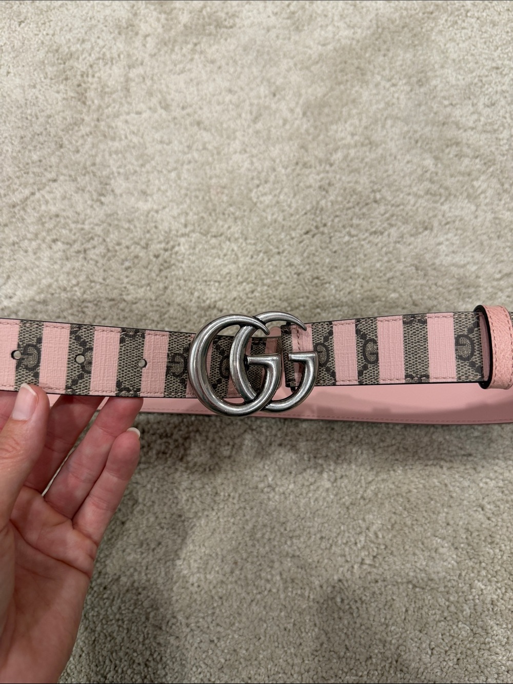 Gucci Pink GG Supreme Stripe Belt with Silver Double G Buckle - Picture 4 of 8